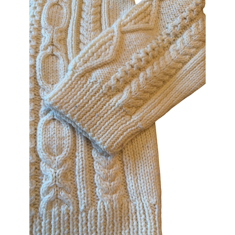 Sweater Ivory Hand Knit Fisherman Aran Cable Knit Wool Blend Crew Neck - Picture 3 of 4